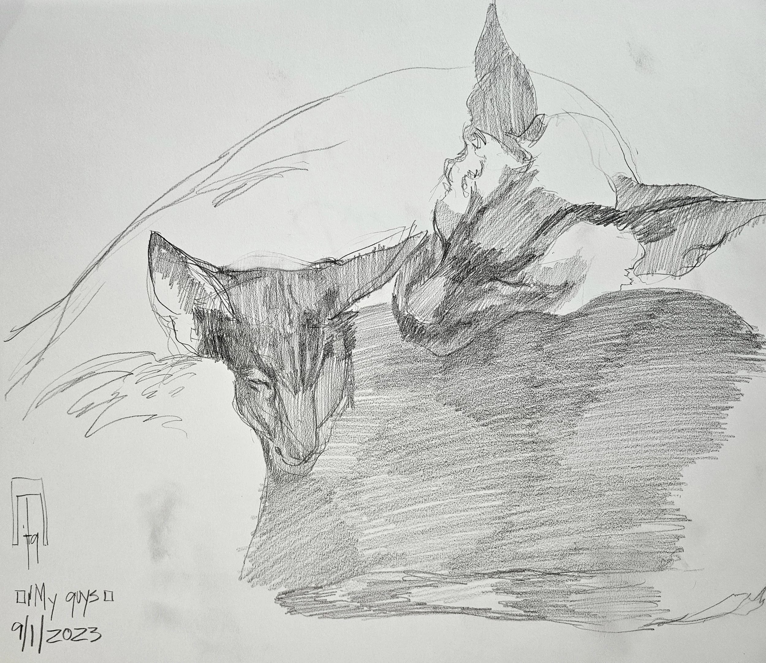 An abstract sketch of two cats cuddling together.