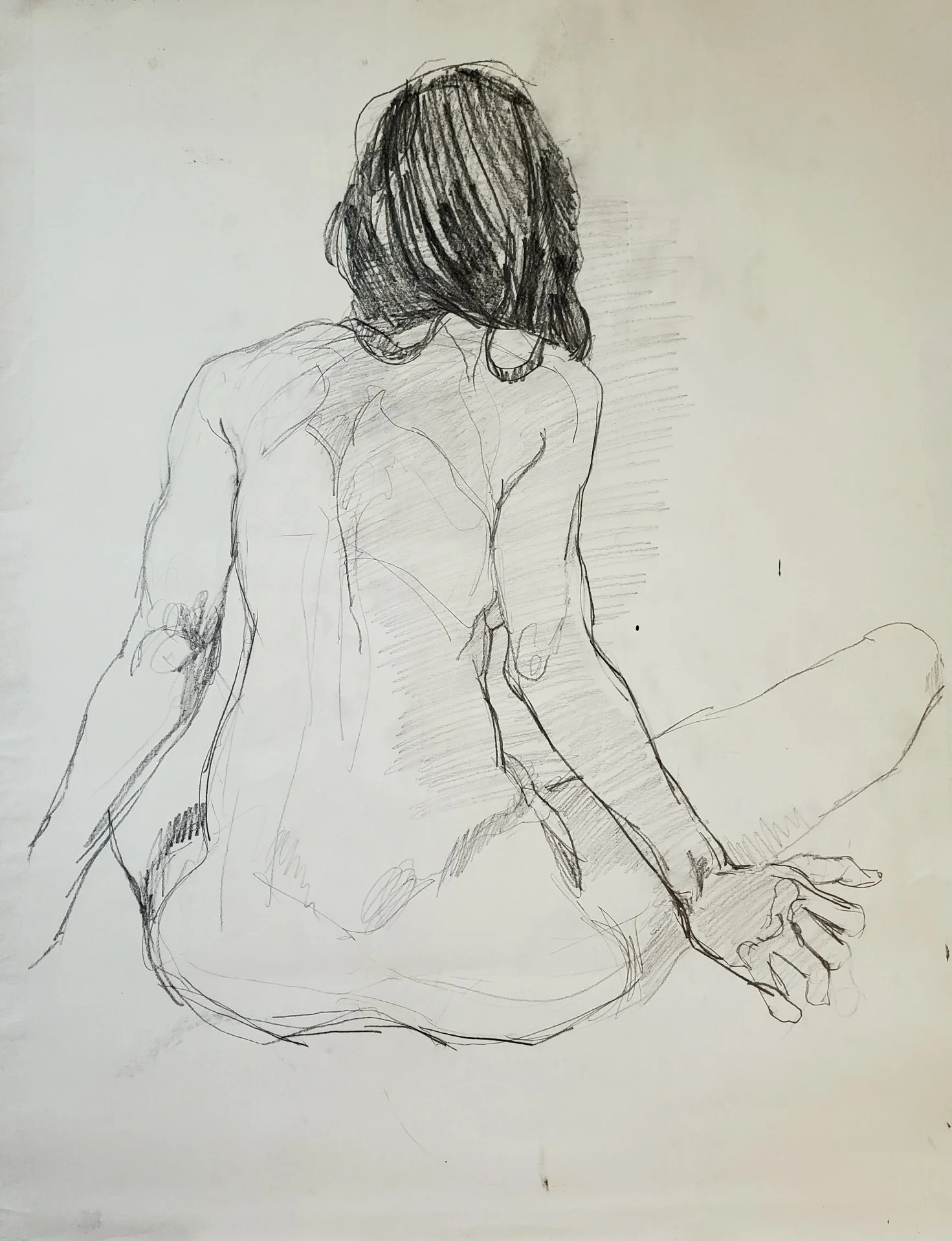 A detailed pencil sketch of a woman sitting with knees bent, head turned away, hair covering her face, and one hand resting on her knee, on a plain background.