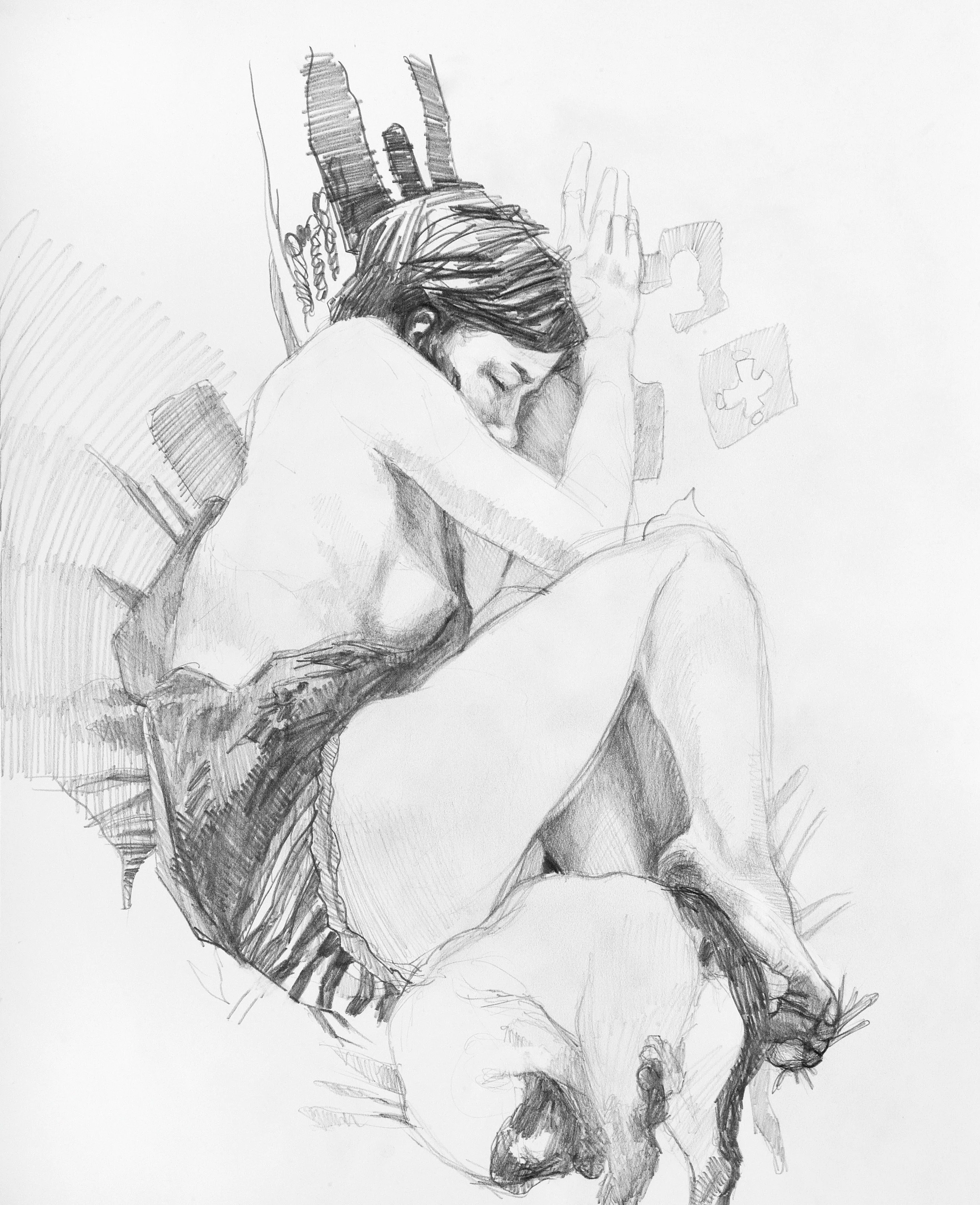 A black and white sketch of a person with long hair sitting with their arm bent and hand near their face, looking downward.