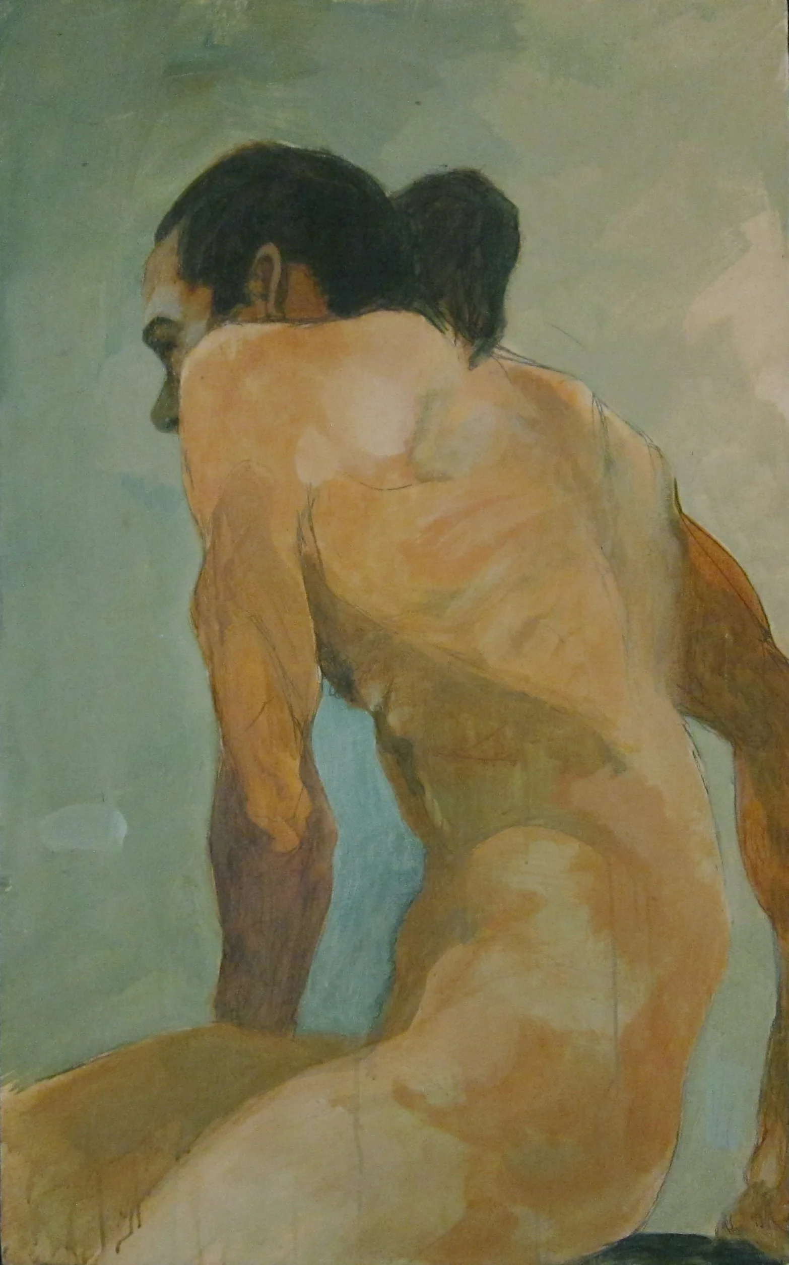 An impressionistic painting of a nude man sitting with his back turned, head bowed, and long dark hair.