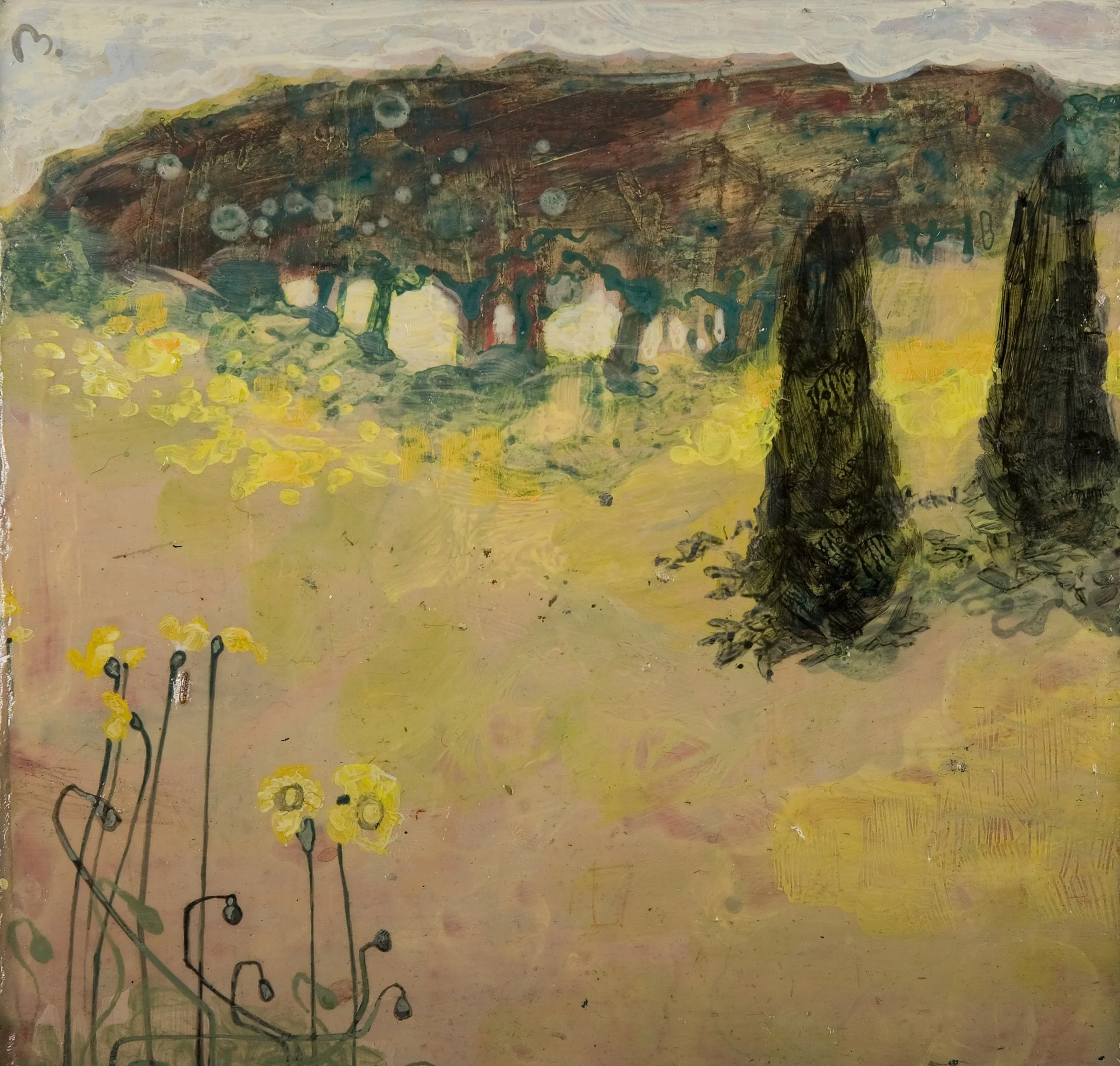 An impressionistic painting of a landscape with rolling hills in the background, trees in the foreground, and a cluster of yellow flowers at the bottom left, painted with loose, expressive brushstrokes.