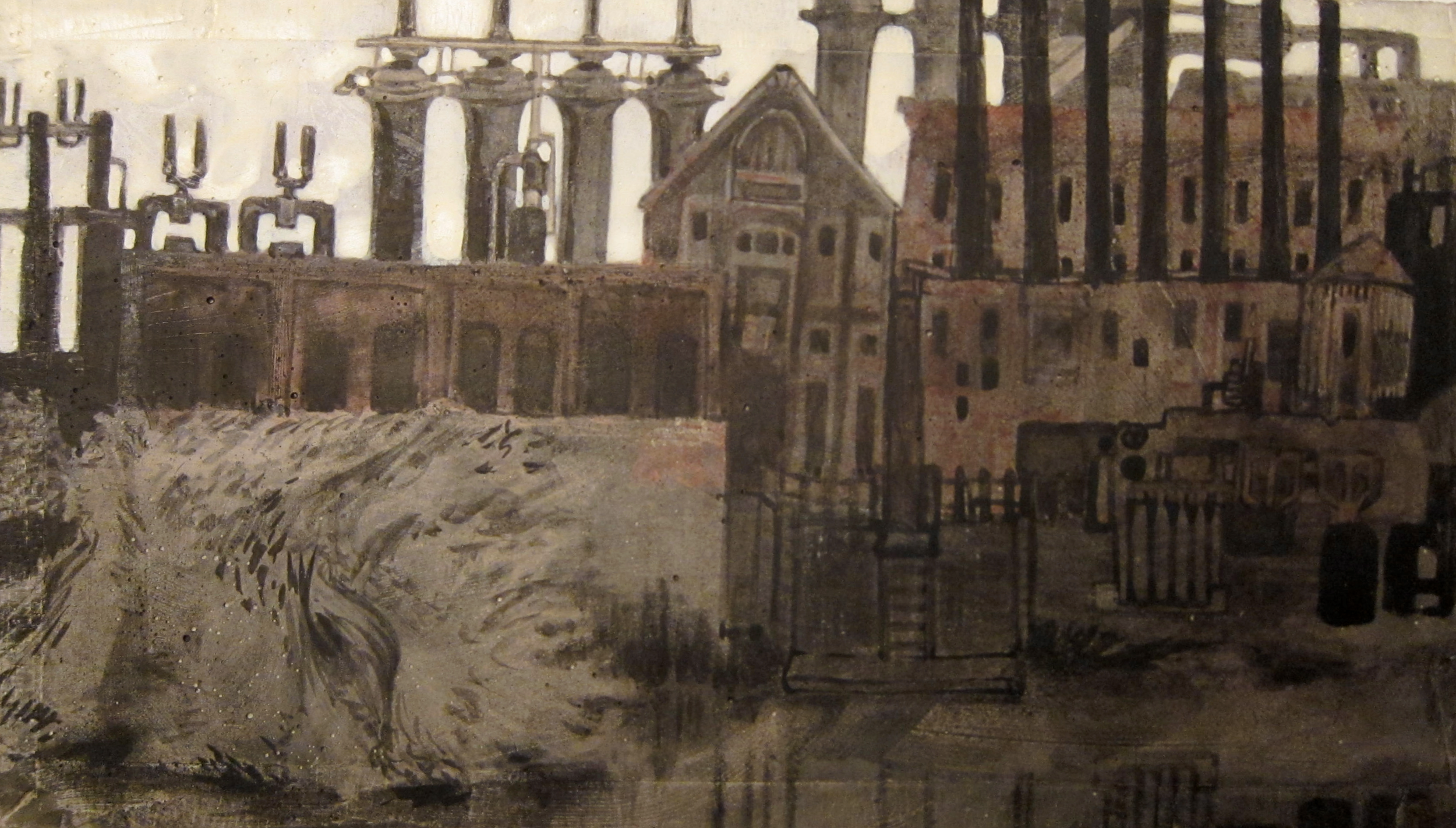 An old painting of a cityscape with buildings, industrial structures, and a river in the foreground.