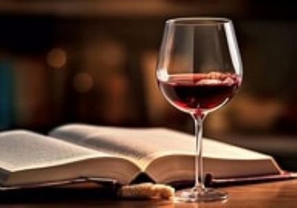 Short Alt Text (Recommended): A glass of red wine standing next to an open book on a wooden surface in warm lighting.