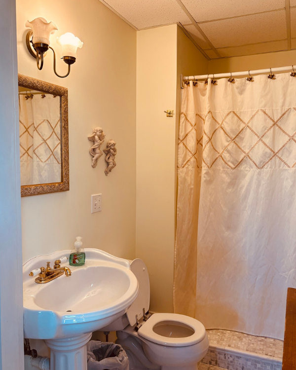 A bathroom with a pedestal sink, toilet, and a shower with a decorative curtain.