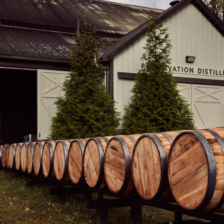 Barrels lined on track heading into Preservation Distillery warehouse building. Two evergreen trees behind barrels.