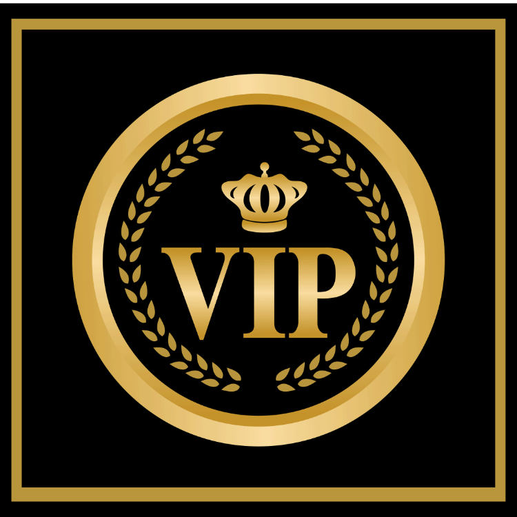 Gold VIP emblem with crown and laurel wreath on a black background.