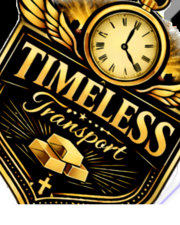 A design featuring the words 'Timeless Transport' in gold lettering, a gold clock showing 2:05, gold wings, a gold shield, and decorative elements on a black background.