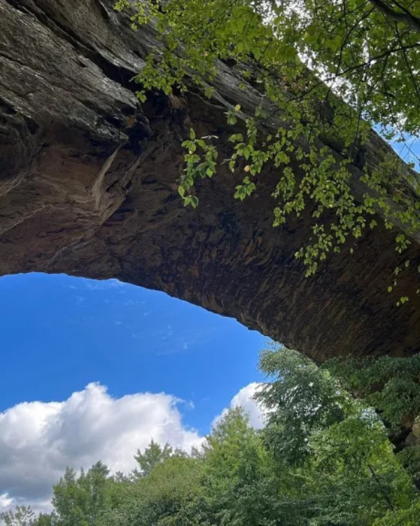 Natural rock formed bridge, blue sky, white clouds and trees.