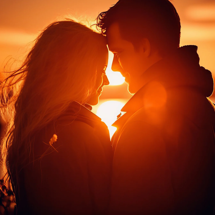 Silhouetted couple standing close together at sunset with warm golden light behind them.
