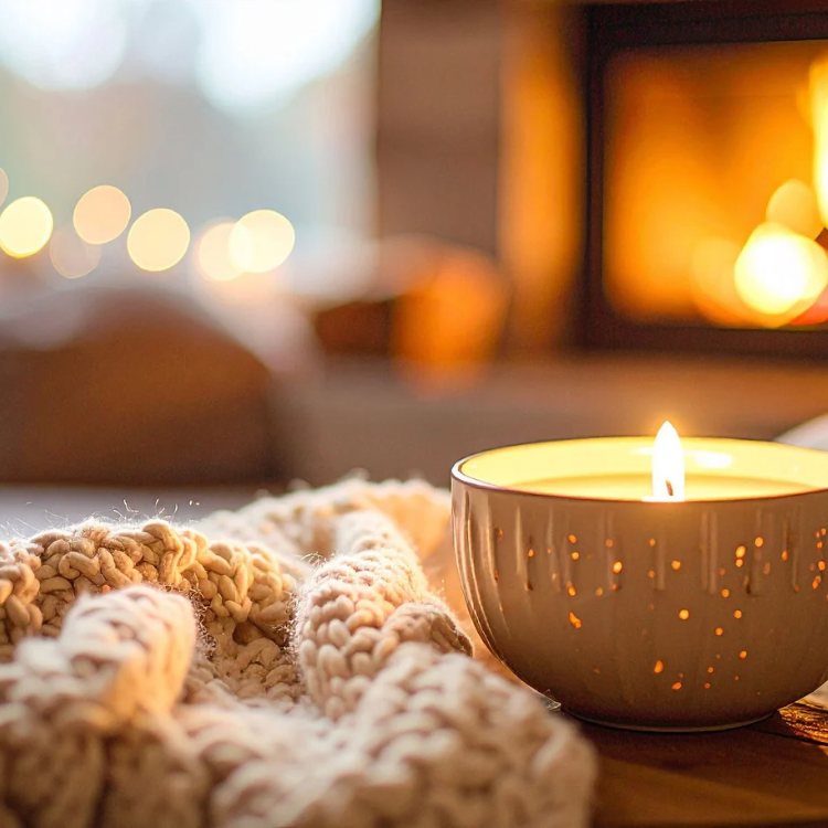 Lit candle beside a knitted blanket with a warm glowing fireplace in the background.