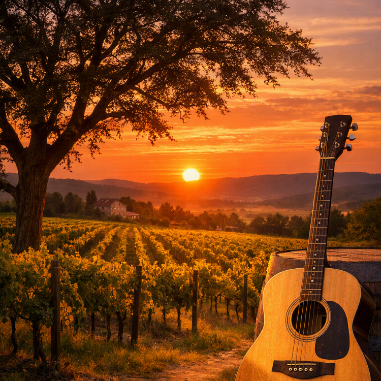 Sunset over vineyard and tree. Guitar leans against a bourbon barrel.