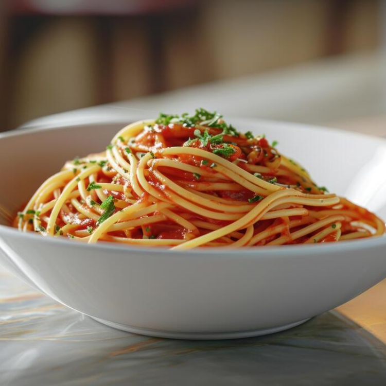 Plate of spaghetti with tomato sauce and fresh herbs at Café Primo in Bardstown, Kentucky.