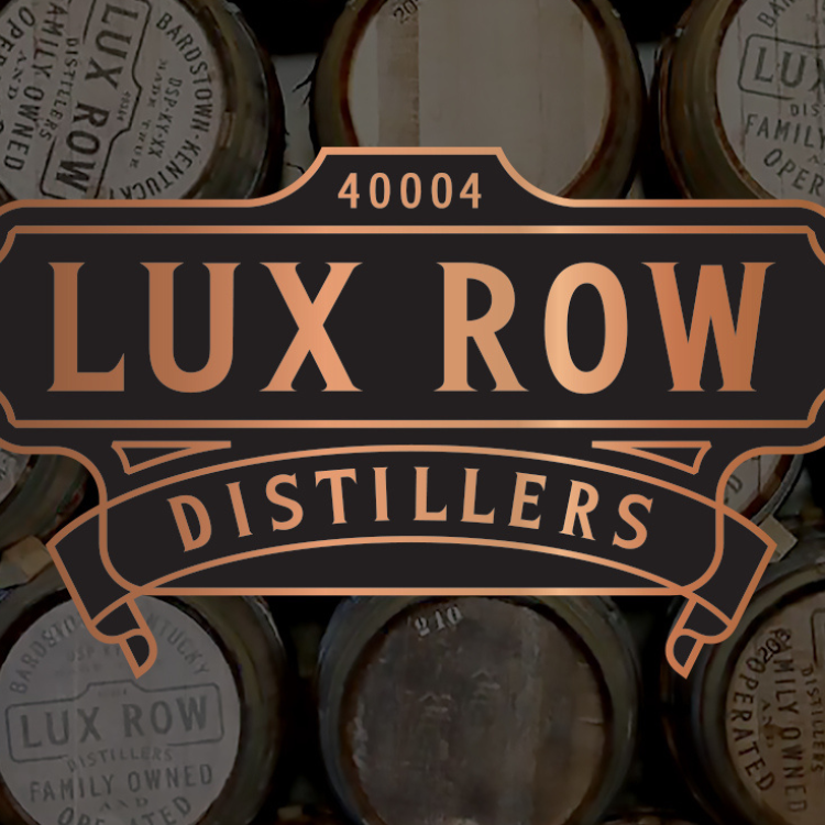 Lux Row distillery logo and stacks of barrels.