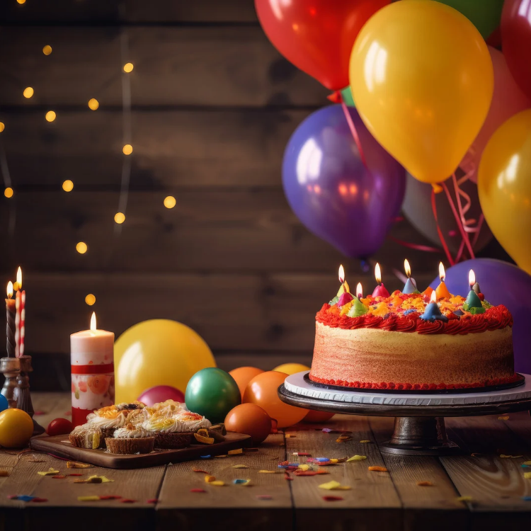 Birthday cake with lit candles surrounded by colorful balloons, cupcakes, and confetti.