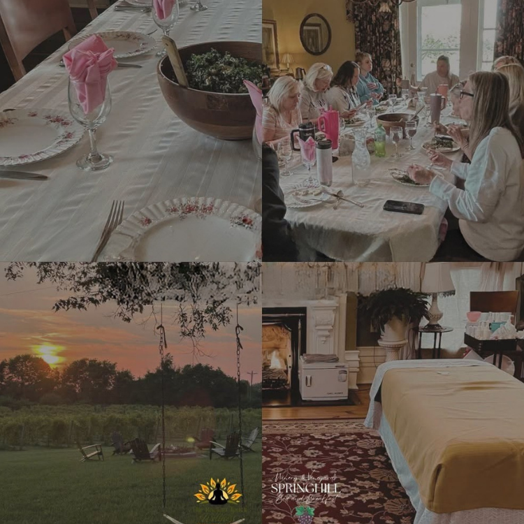 A four-panel collage depicting a women's wellness retreat, featuring table settings, a group dining indoors, a sunset over a vineyard with swings, and a cozy massage setup indoors.