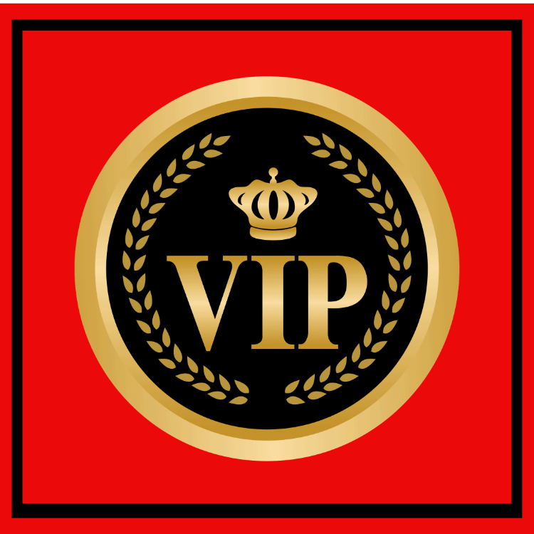 Gold VIP emblem with crown and laurel wreath on a black circle against a red background.