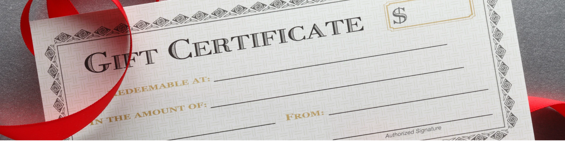 a gift certificate with a red ribbon and a dollar sign in a decorative border.