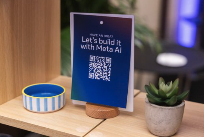 Prompts around the "MetaAI makerspace" to help guests with ideas for how to use the assets around them by asking the product.