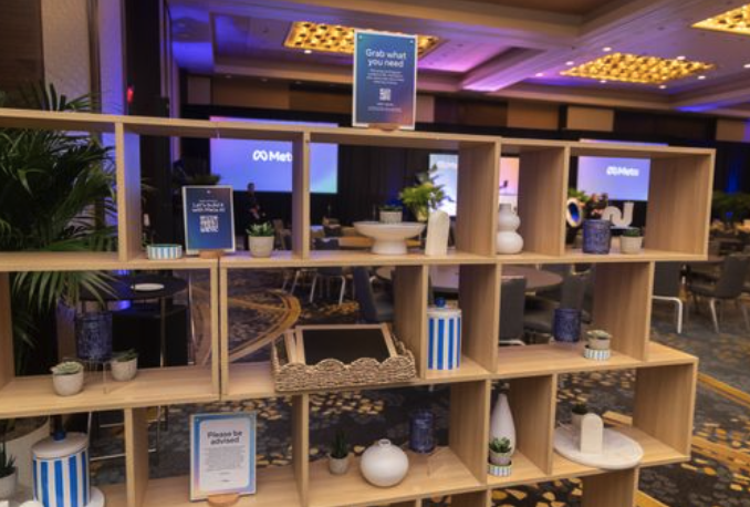 MetaAI makerspace shelf with assets — Guests were provided with assets in this space and encouraged to ask MetaAi or the Meta experts at a prompt bar for how to use the product and make content for their small business