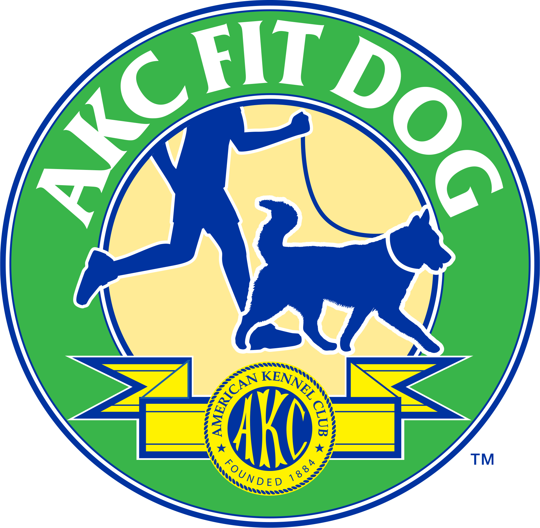 Seal of the American Kennel Club featuring a silhouette of a person walking a dog, with green, yellow, and blue colors and the text 'American Kennel Club Founded 1884'.