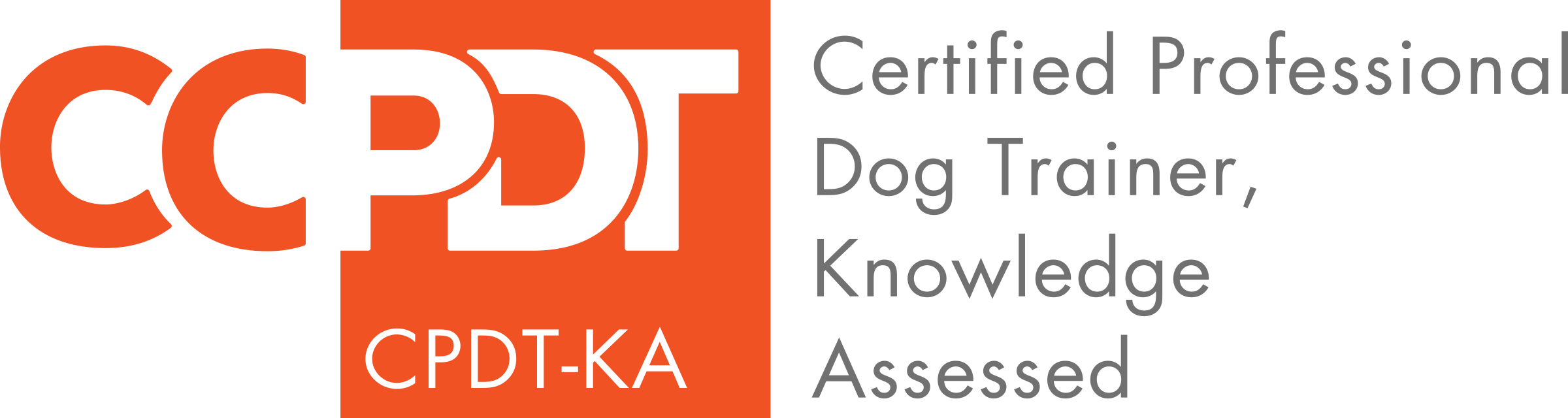 Certification logo with large orange and black letters 'CCP' and smaller text reading 'Certified Professional Dog Trainer, Knowledge Assessed' and 'CPDT-KA'.