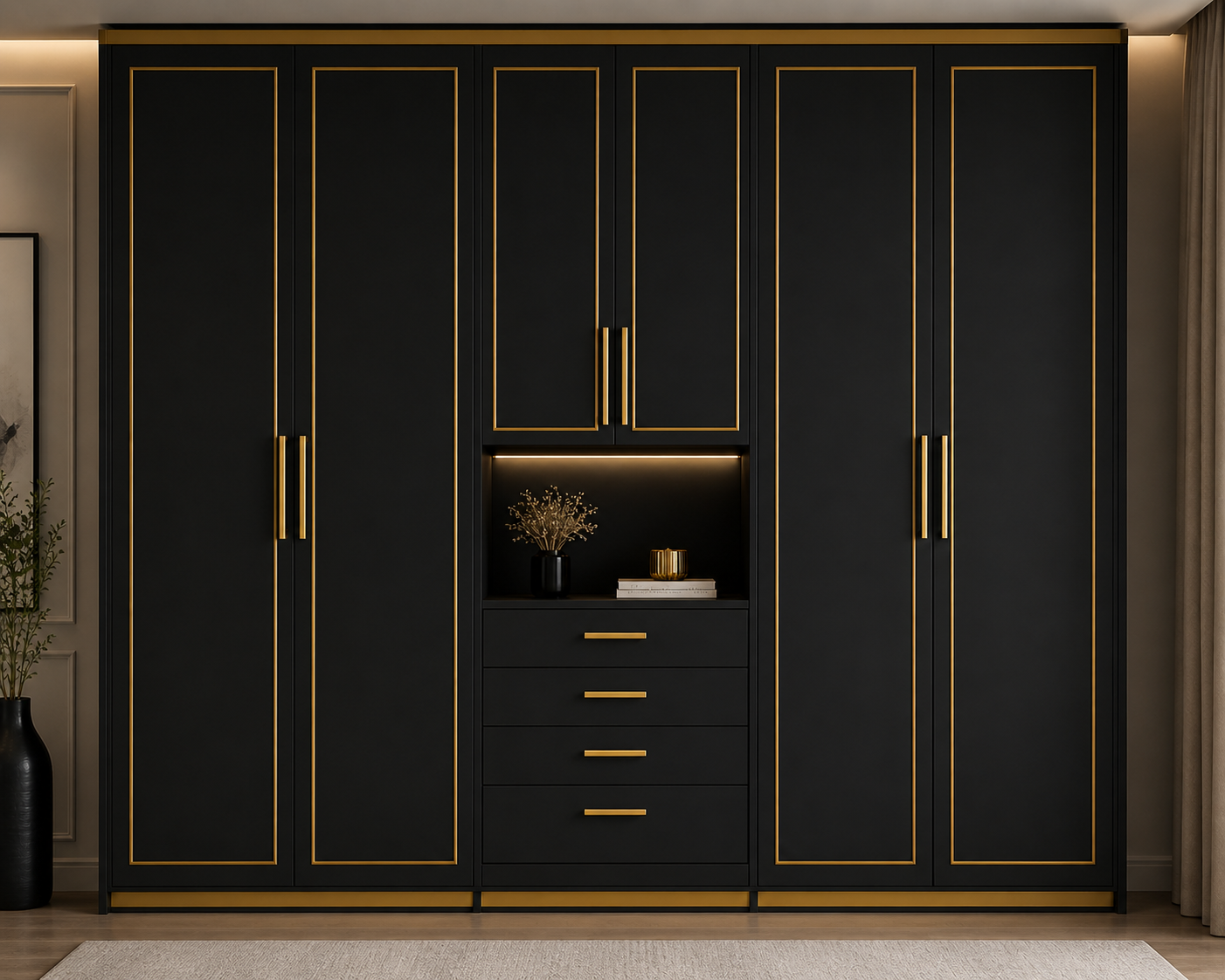 Black wardrobe with gold accents in a modern room, featuring four tall doors, four drawers, a built-in open shelf with decorative items, and a curtain on the right side.