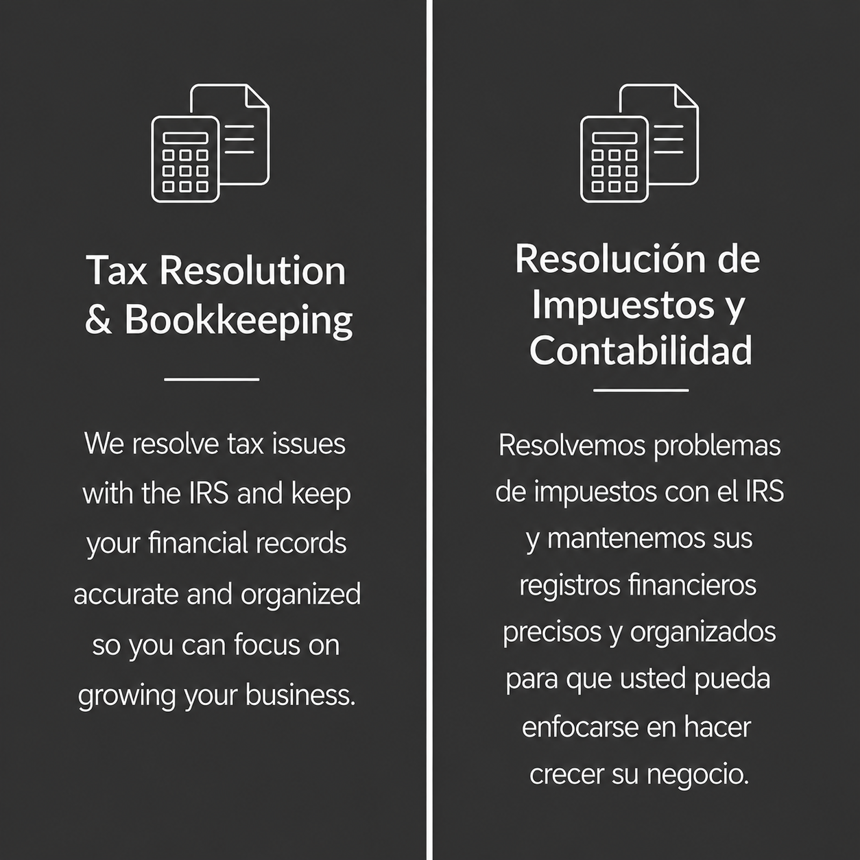 Comparison of two sections; the left says 'Tax Resolution & Bookkeeping' with a description in English, the right says 'Resolución de Impuestos y Contabilidad' with a description in Spanish, both with icons of documents and a calculator.