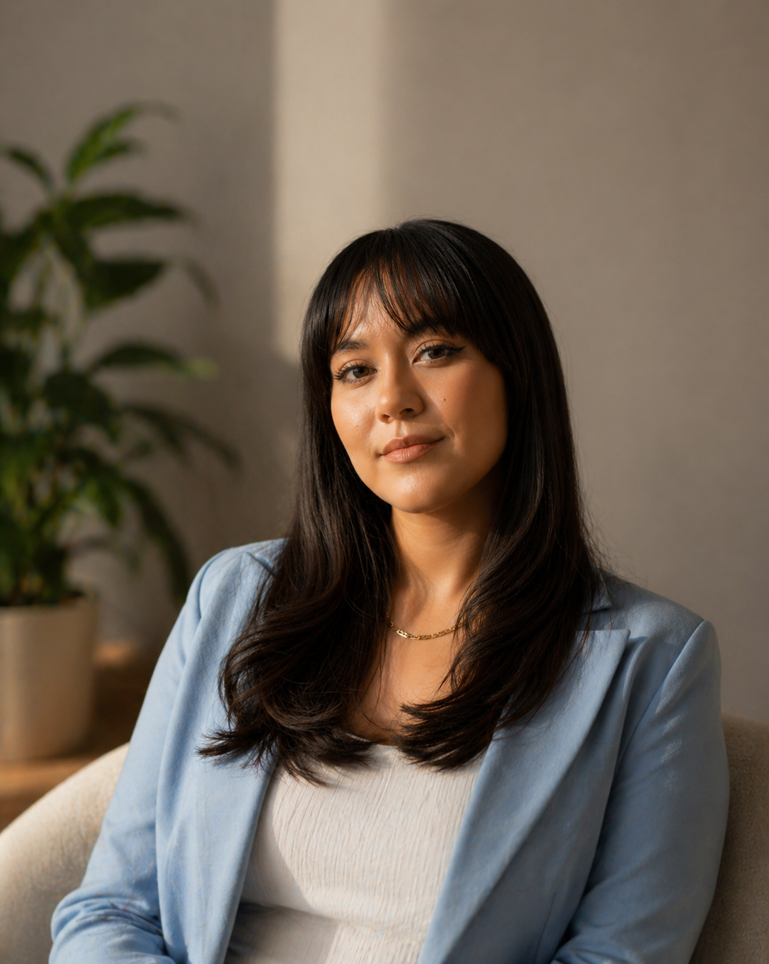 A woman with long dark hair and a neutral expression sitting on a beige chair, wearing a light blue blazer and a white top, with a potted plant in the background.