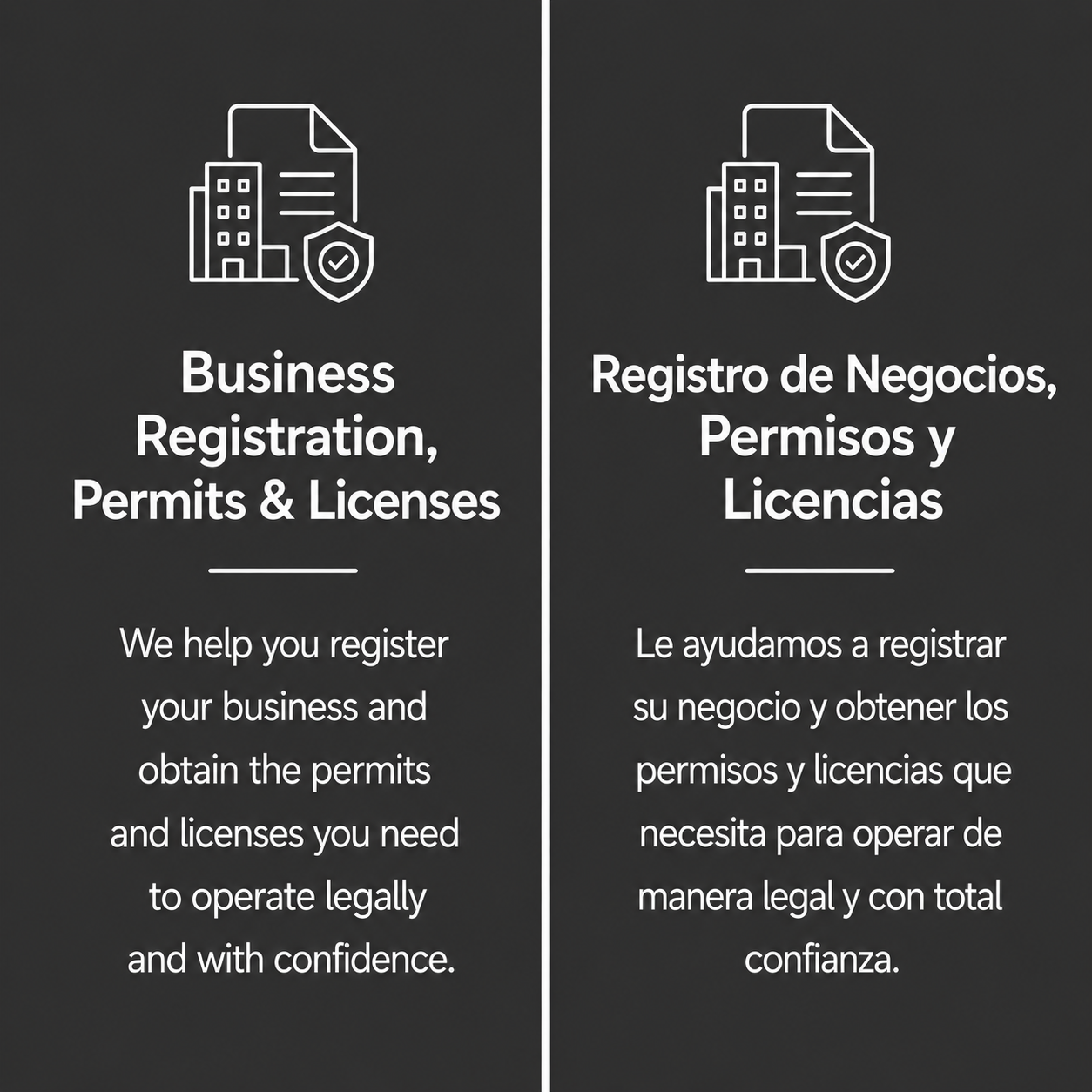 Side-by-side comparison of English and Spanish text about business registration, permits, and licenses. The left side has an icon of a document, building, and shield with a checkmark, with the English heading and description below. The right side has the same icon with the Spanish heading and description below.