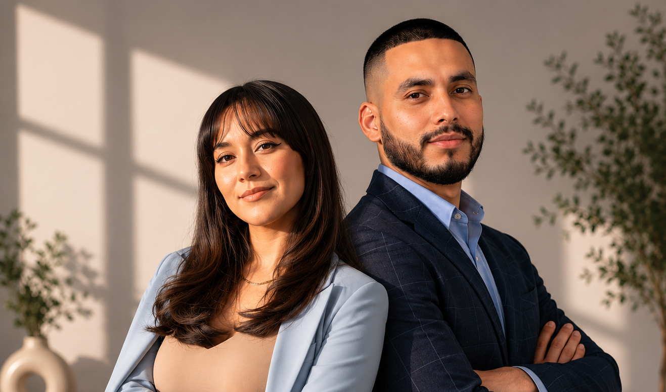 Two confidently smiling business professionals, a woman with long brown hair and a man with short black hair and beard, standing back to back in a modern office setting with green plants and soft sunlight.