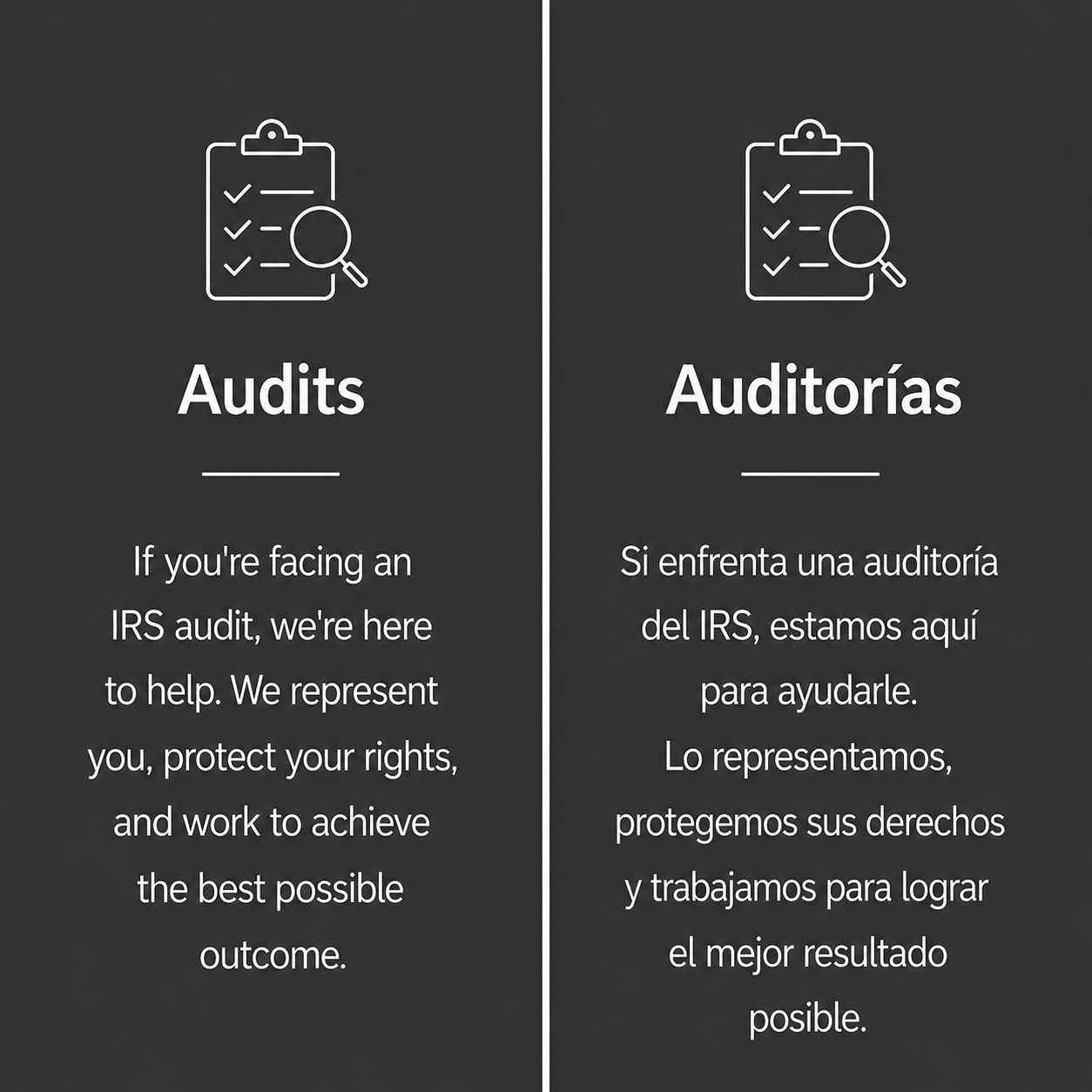 Comparison of English and Spanish text about IRS audits, with icons of a clipboard and magnifying glass.