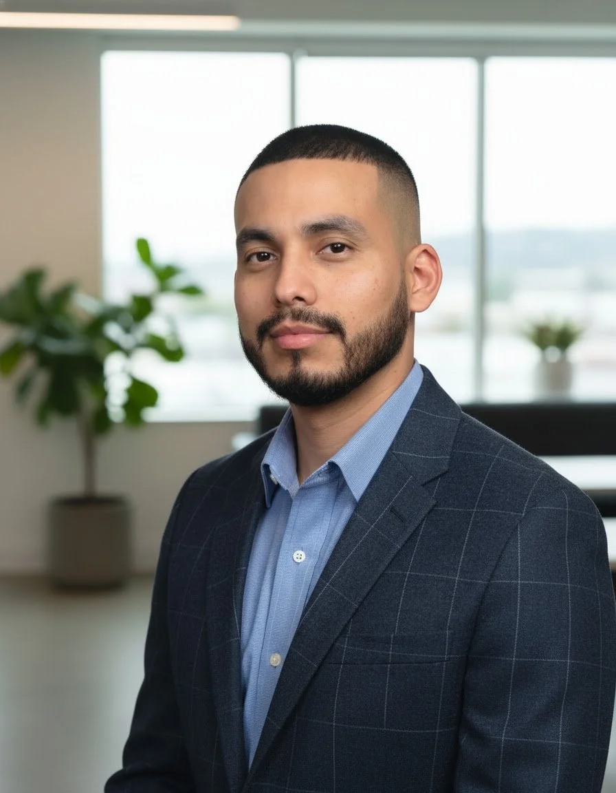 A man with short hair and a beard in a navy checkered suit and light blue shirt standing inside an office.