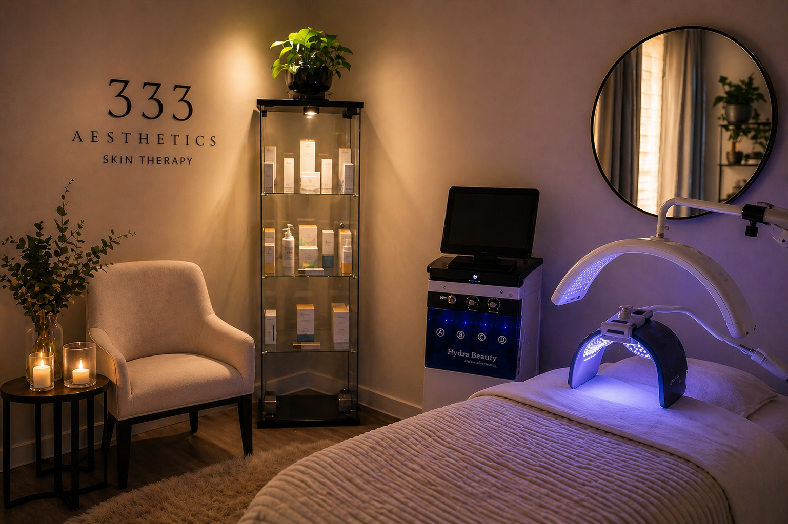A cozy room inside a skin therapy clinic features a massage bed with a blue LED light device, a small seating area with a beige armchair and candles, a glass display cabinet with skincare products, a computer, and a mirror on the wall.