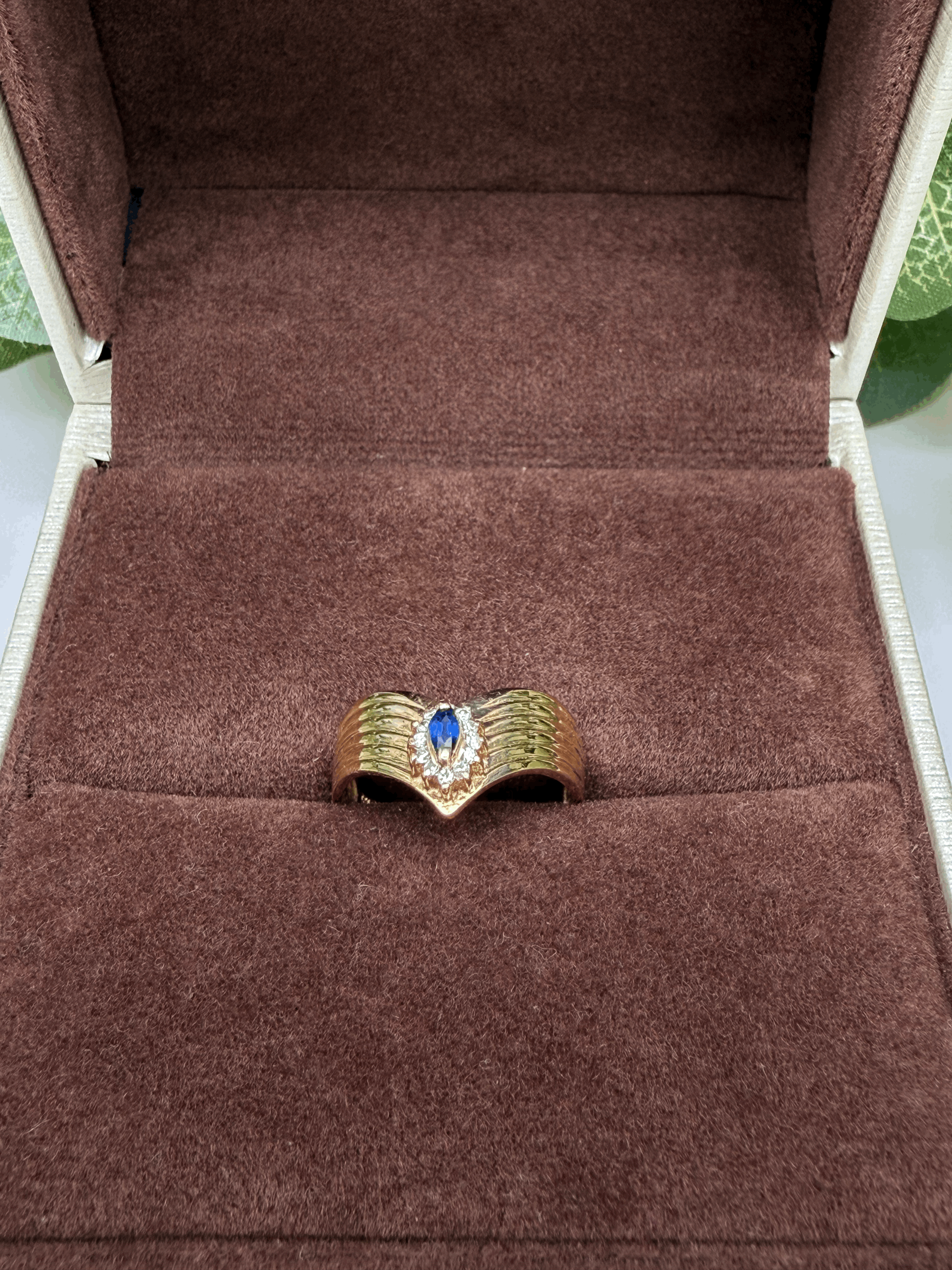 18k Solid Gold Marquise-Cut Blue Sapphire Diamond Ring