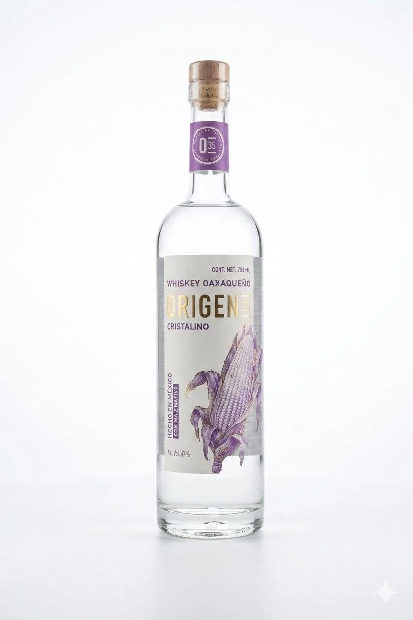 A clear glass bottle of whiskey with a purple seal, featuring a label with purple and gold text, and an illustration of a corncob plant. The label indicates the bottle contains 750 ml of whiskey, 47% alcohol by volume, made in Mexico.
