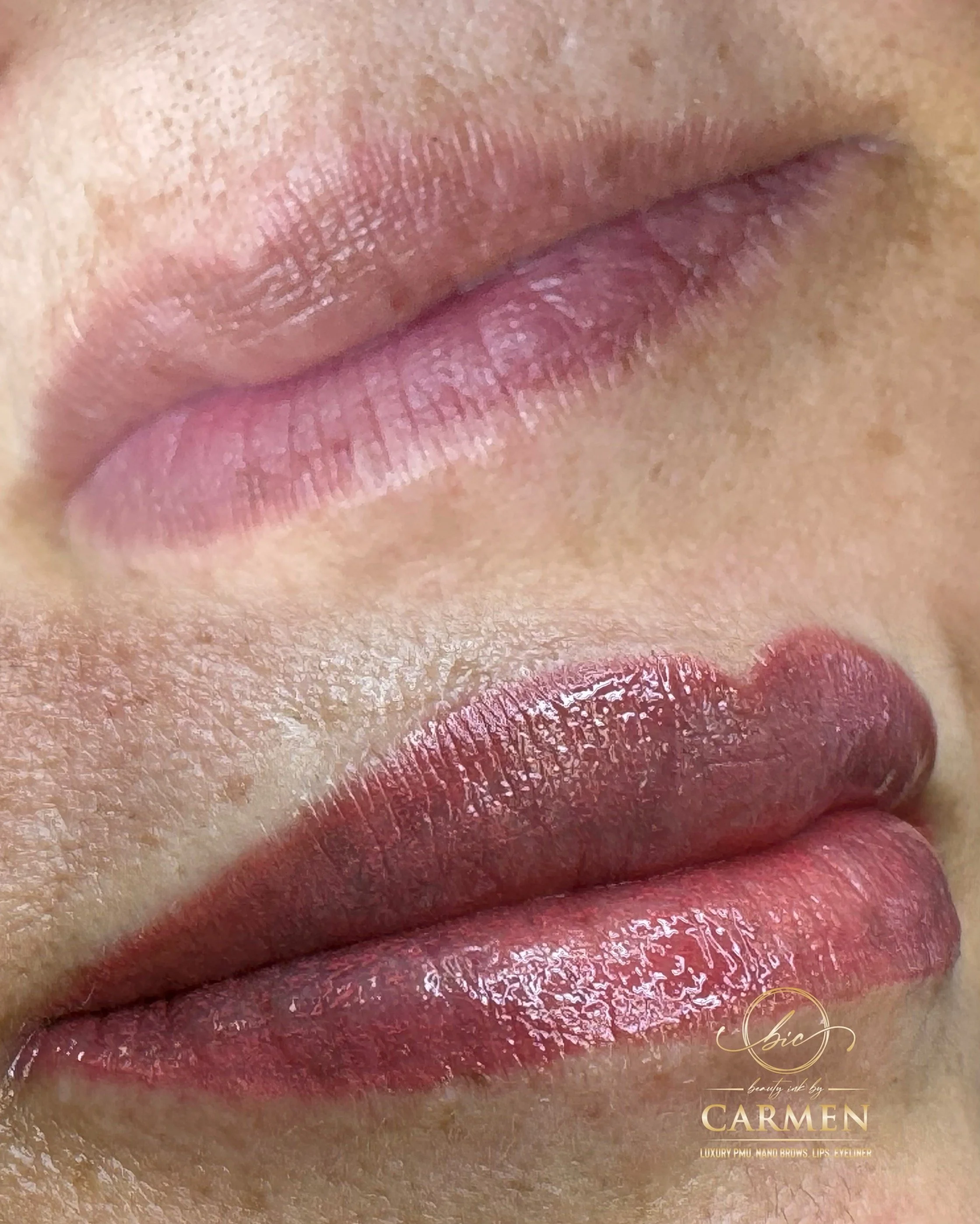 Lip blush permanent makeup before and after photos of a client at Beauty Ink by Carmen in Burbank, CA
