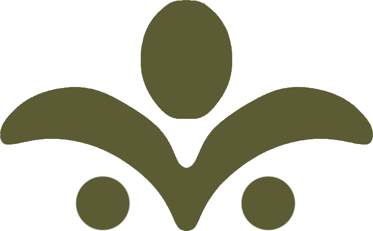 A stylized graphic logo resembling a person with arms raised, made of simple shapes in olive green on a black background.