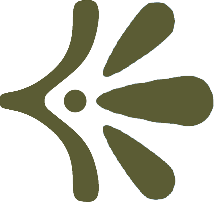 Stylized abstract shape resembling a butterfly or flower with olive green and dark blue accents.