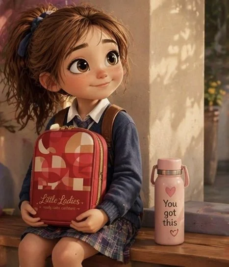 Animated girl with brown hair in a ponytail, wearing a blue sweater, white shirt, plaid skirt, and backpack, sitting next to a pink water bottle with a heart and the words 'You got this' on it.