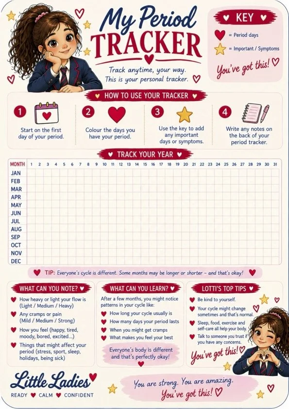 A colorful menstrual cycle tracker sheet for girls featuring a cartoon girl with brown hair in pigtails and a blue blazer, heart and star icons, and sections on how to use the tracker, tips, and motivational messages in pink and red text.