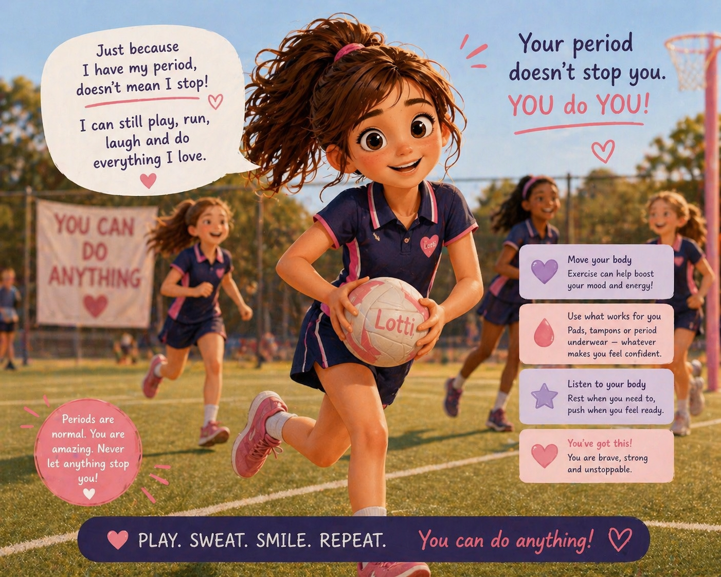Children playing on a sports field with motivational text about perseverance, exercise, and confidence, with a focus on a girl running with a volleyball. The background shows other kids running and a banner reading 'You Can Do Anything'.
