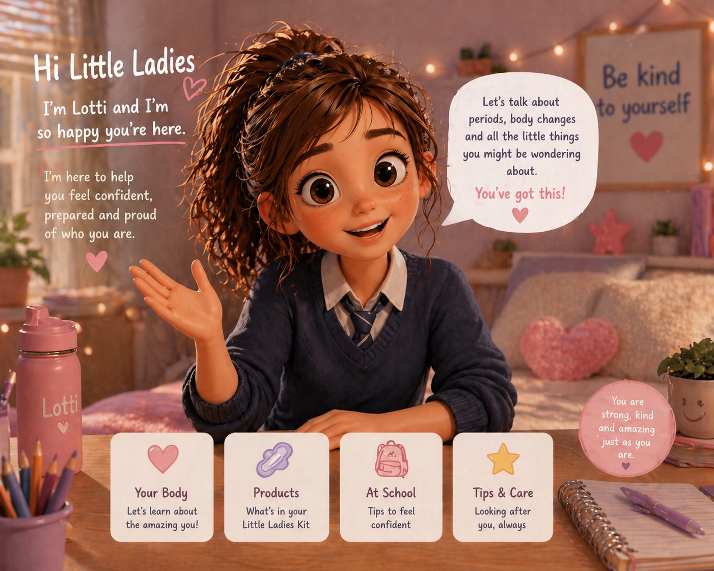 An animated girl with curly brown hair and big eyes sitting at a desk, smiling and waving. The background is decorated with fairy lights, pillows, and a sign that says 'Be kind to yourself'. Text overlays include welcoming messages for Little Ladies and topics such as body, products, school, and tips & care, along with motivational notes.