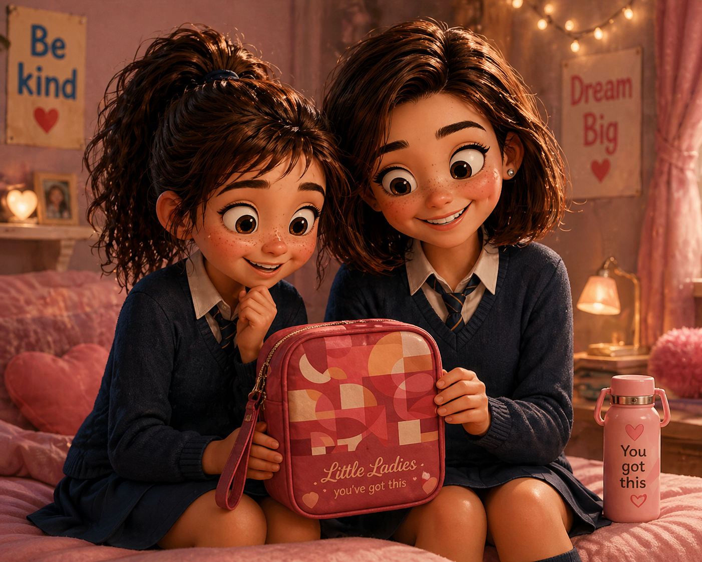 Two animated young girls with big eyes, freckles, and brown hair in school uniforms sitting on a pink bed with heart-shaped pillows. They are looking at a pink bag with the words "Little Ladies you've got this" and a water bottle with the words "You got this". The room has pink decor, fairy lights, and motivational posters.
