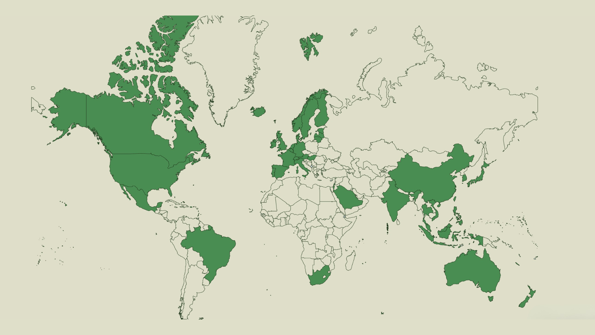 World map highlighting countries of influence of 100 Acre Wood Consulting around the globe. Areas include Europe, the Americas, JAPAC