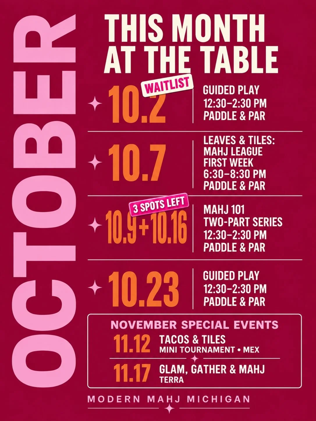 October is looking good at the table 🀄️✨

New to Mahj? Our two-part Mahj 101 on October 9 &amp; 16 has just 3 spots left. Already know the basics? Join us for Guided Play on October 23 or our Leaves &amp; Tiles League, starting October 7!

October 2