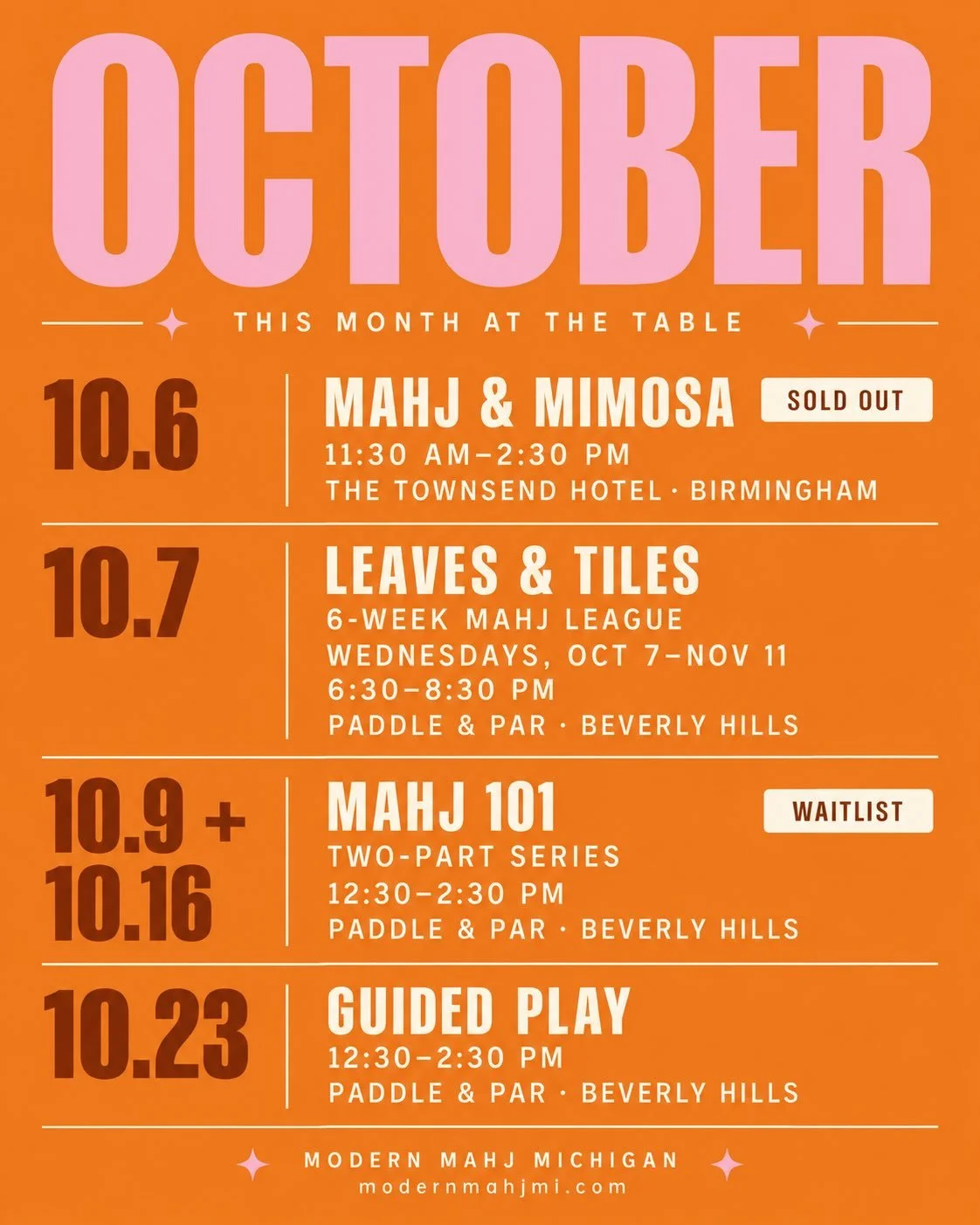 Sunday Schedule 🀄️ Your next seat at the table is waiting!

Only THREE DAYS until our Leaves &amp; Tiles evening league begins! Our daytime league has been so much fun, and we can&rsquo;t wait to bring that energy to Wednesday nights. Reserve your s