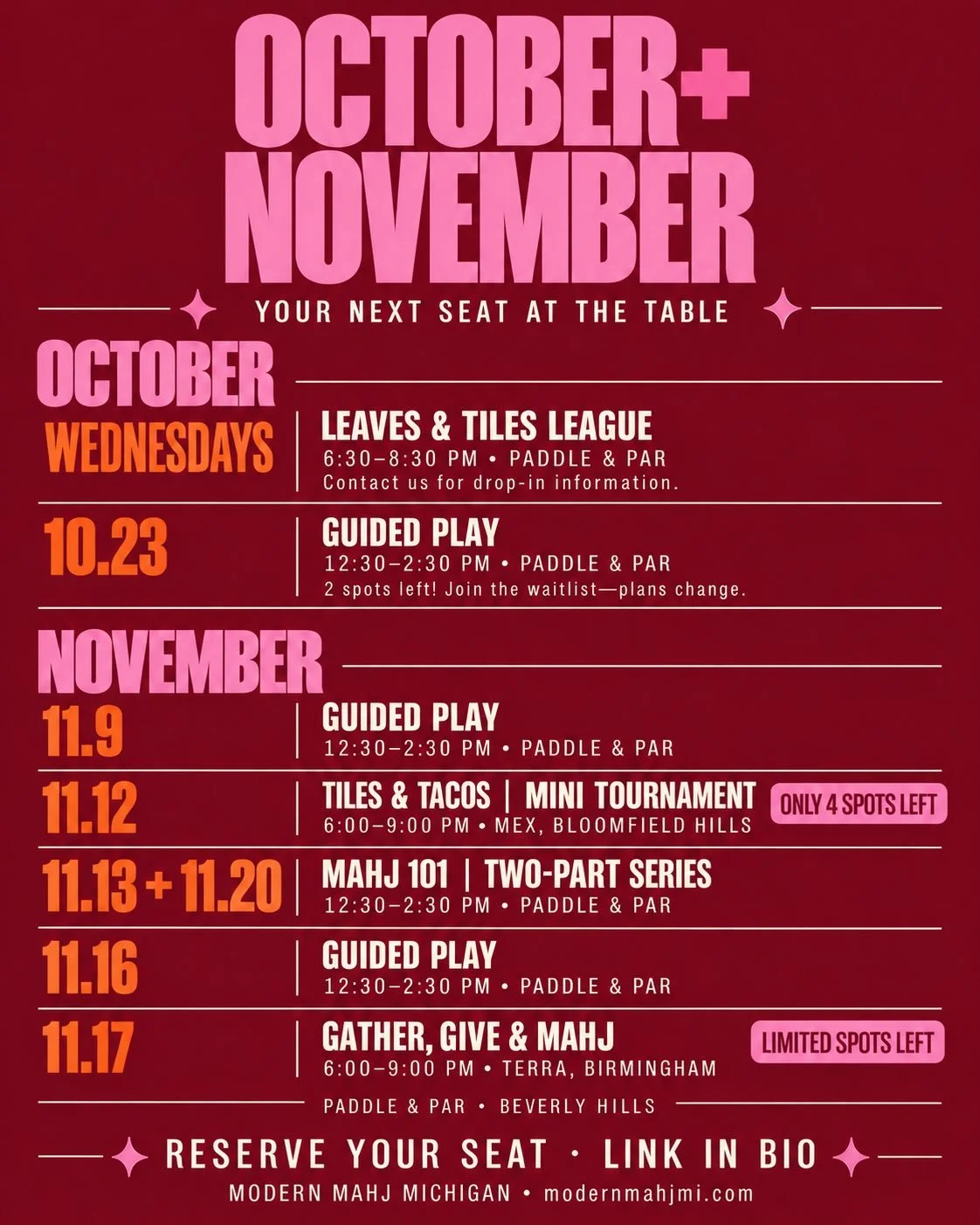 Sunday Schedule! Your next seat at the table is waiting!

From guided play and Mahj 101 to tacos, Friendsgiving, and holiday fun&mdash;there&rsquo;s plenty of Mahj ahead. Swipe for October, November &amp; December!  More December events still to come