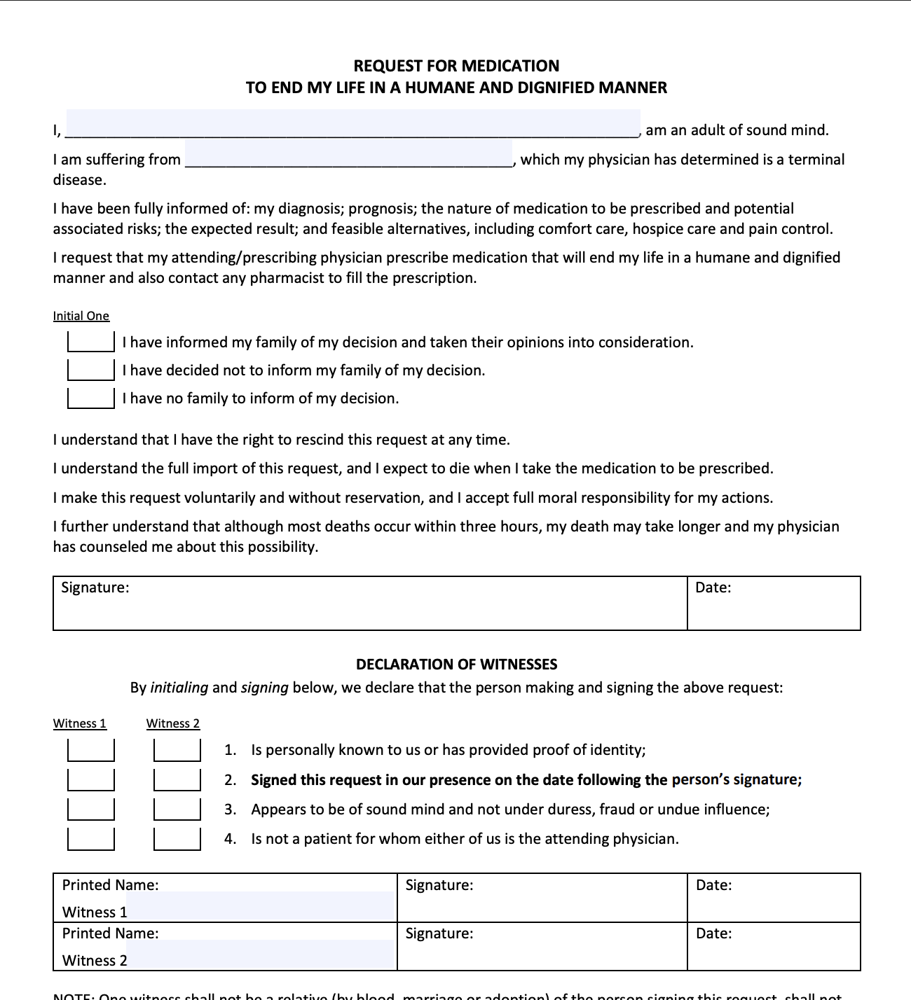 A preview of the Request for Medication to End My Life in a Humane and Dignified Manner form