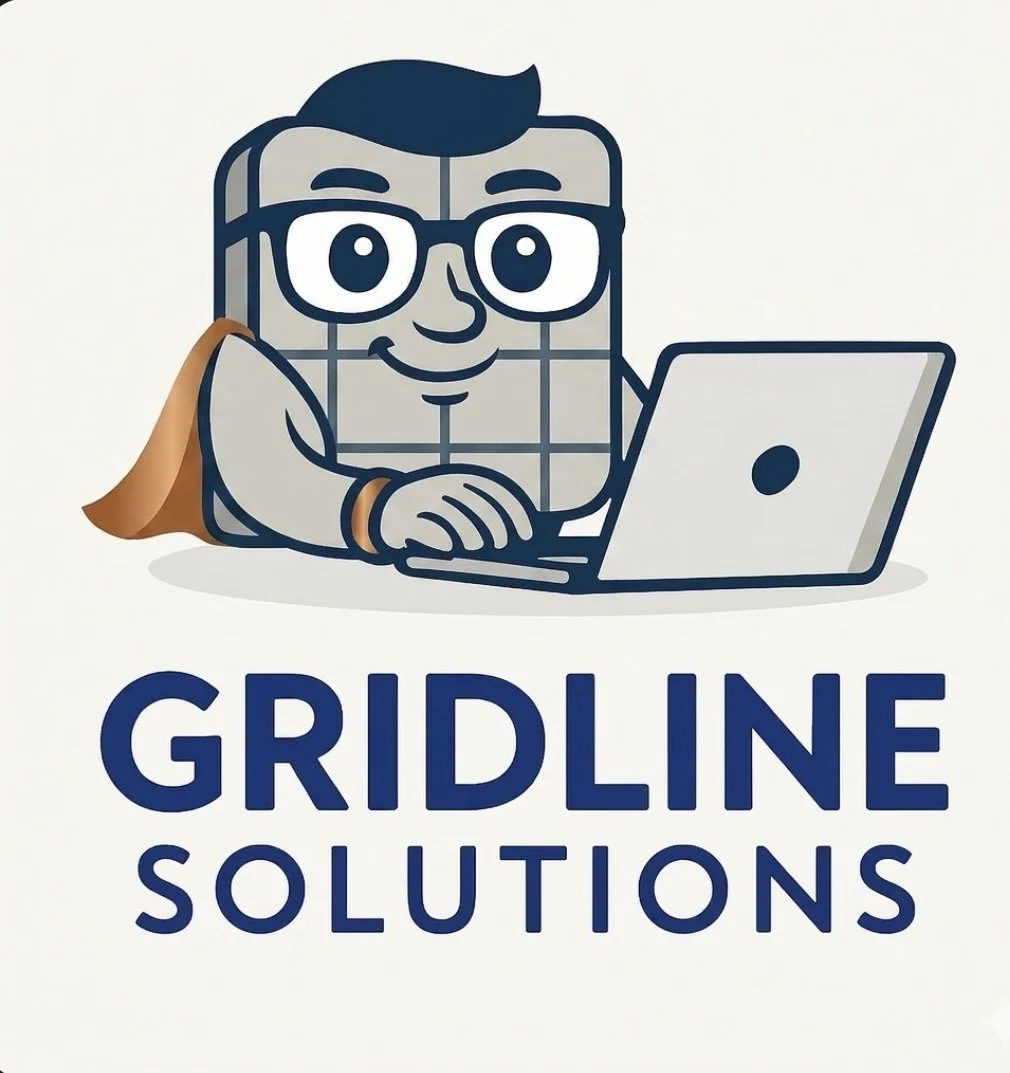 A cartoon character with glasses using a laptop, with the text "GRIDLINE SOLUTIONS" underneath.
