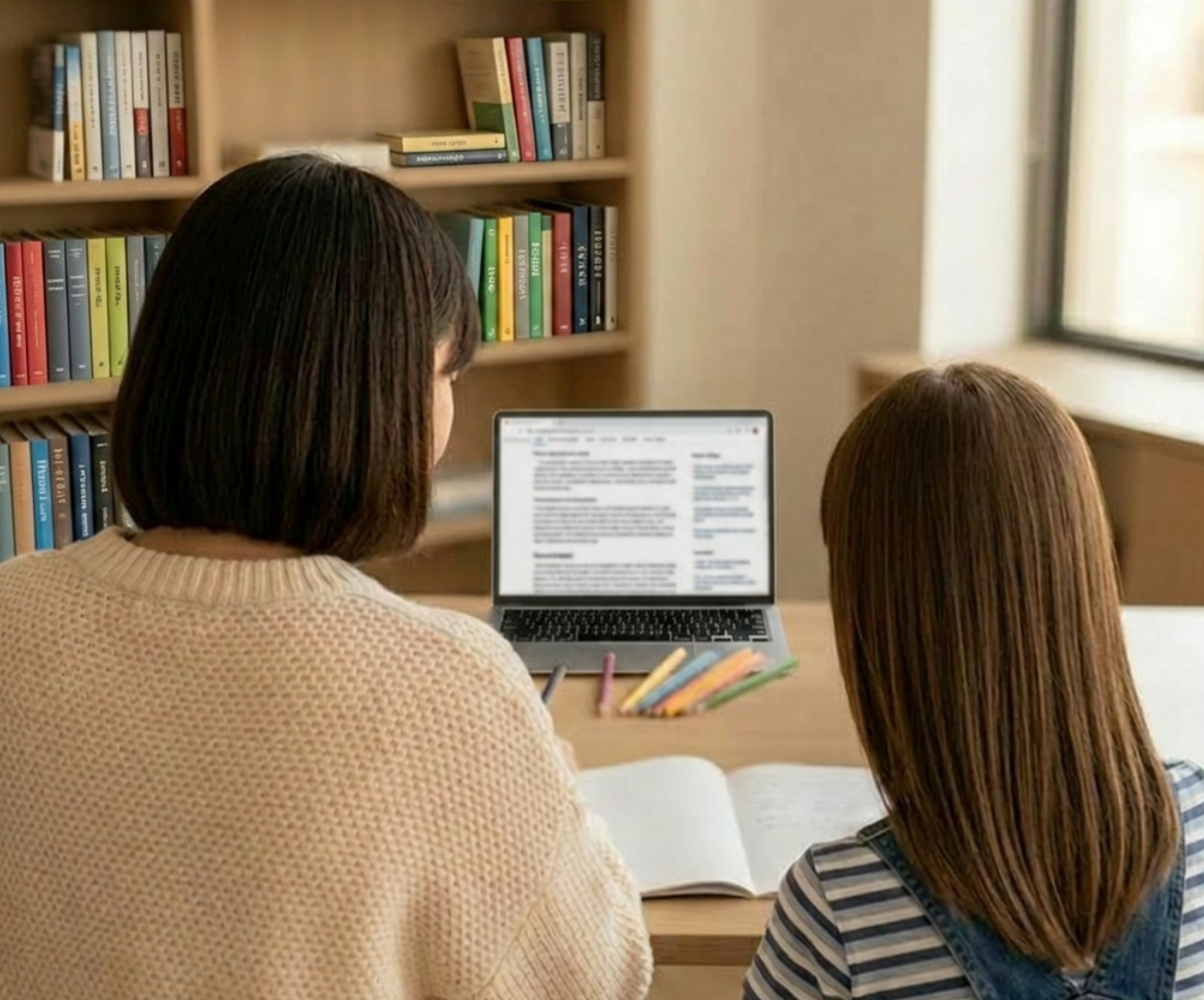 A woman with short dark hair wearing a cream sweater, and a girl with long brown hair wearing a striped shirt, sitting at a desk in an office. They are looking at a laptop screen during a dyslexia learning assessment